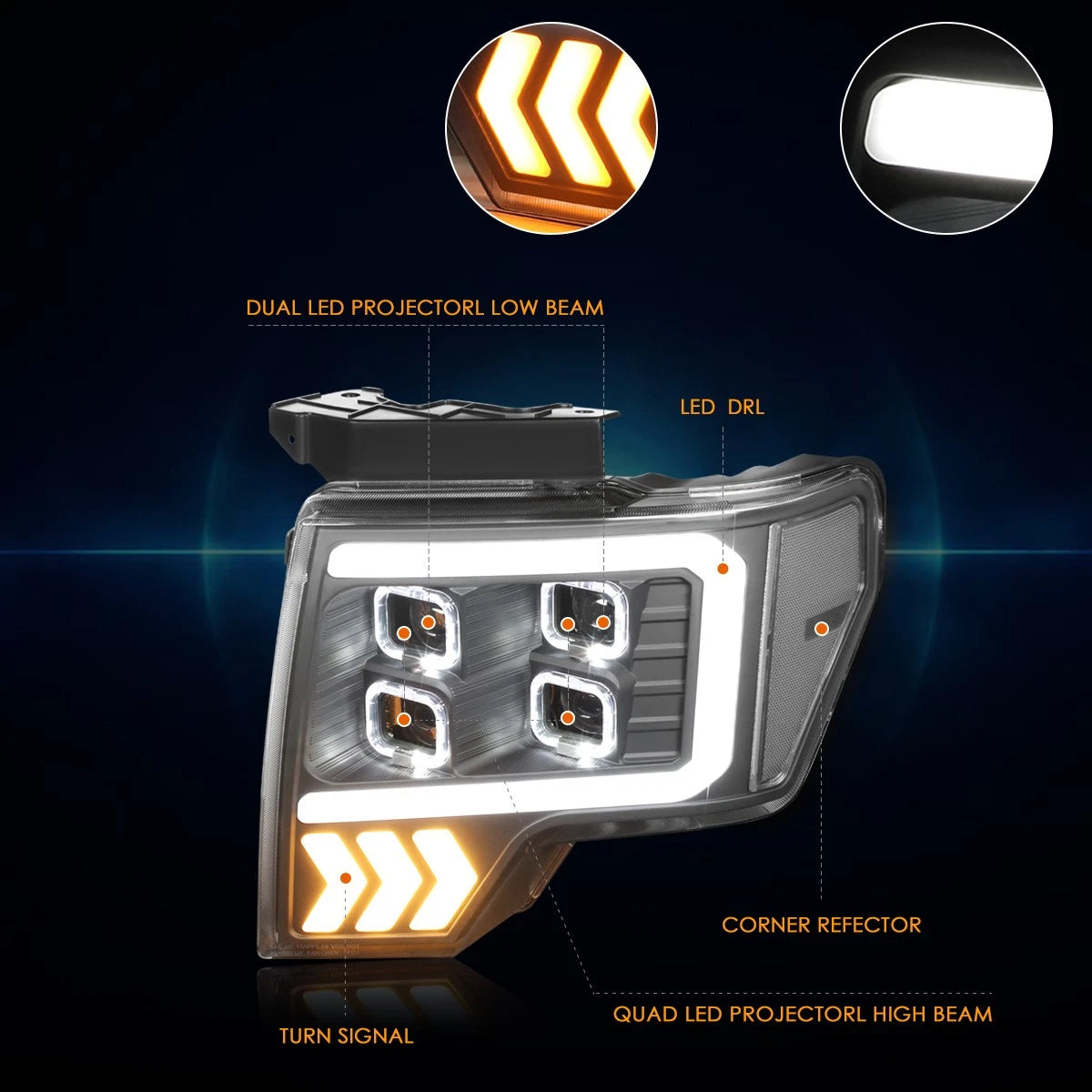 Quad LED DRL + Arrow Signal Projector Headlights for Ford F150 (2009–2014)