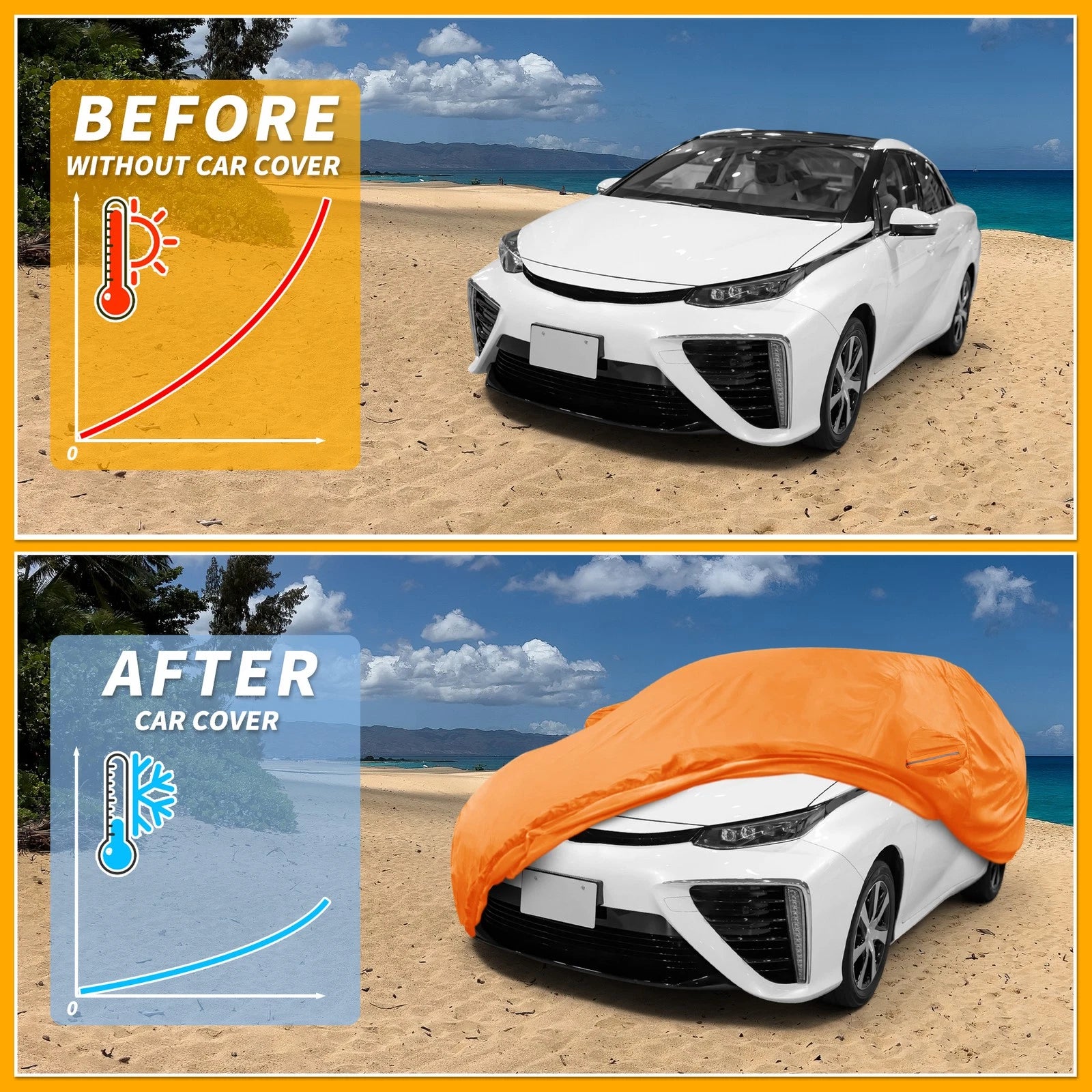 Waterproof Car Cover for Toyota Mirai (2016–2023) - Orange Cotton, Zipper