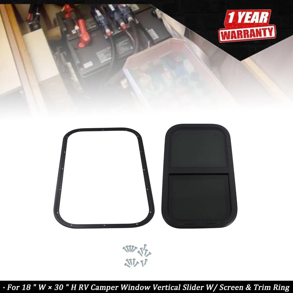 18" x 30" RV Camper Window Vertical Slider with Screen & Trim Ring