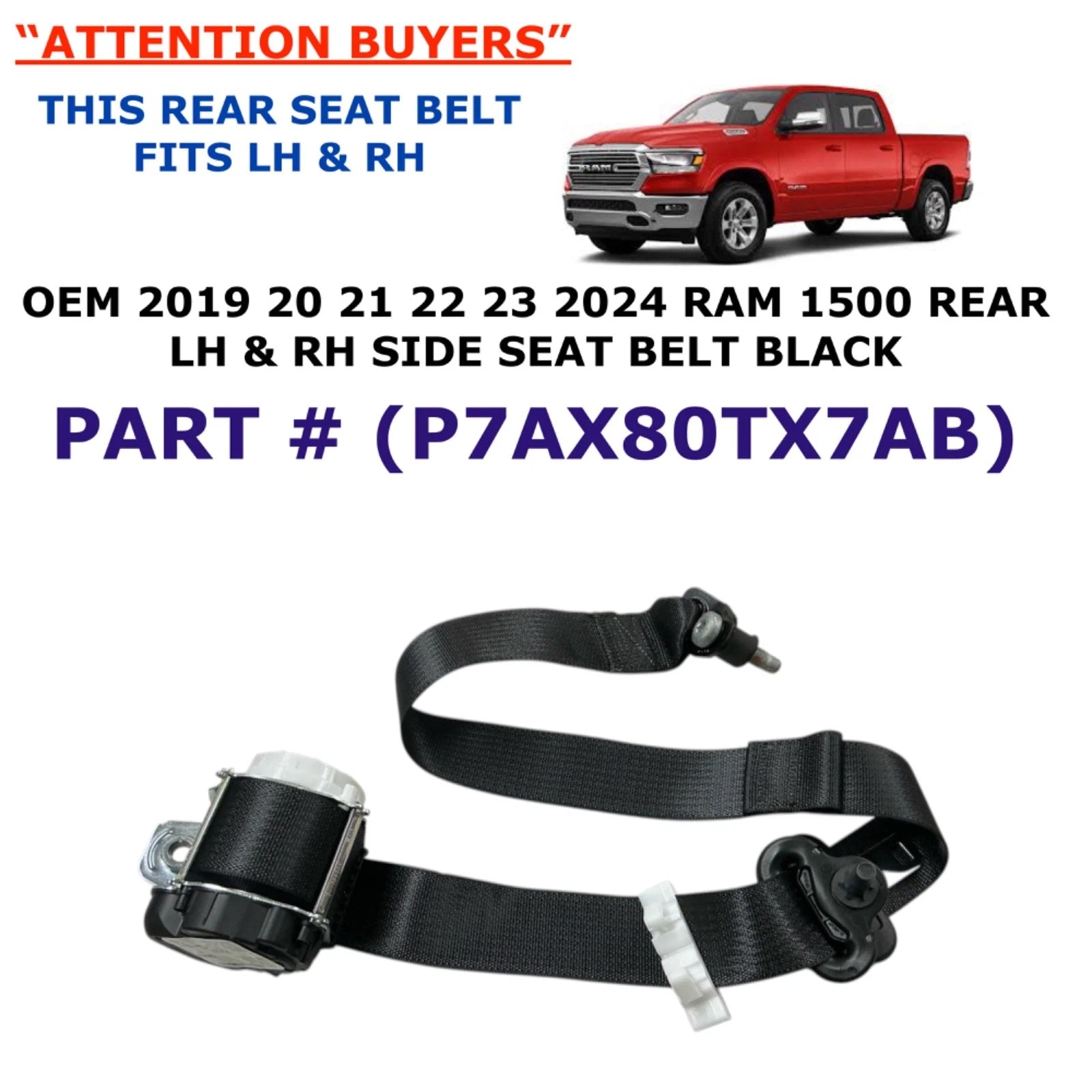 Set of 2 Rear Left & Right Seat Belts for RAM 1500 (2019–2024) 7AX80TX7AB