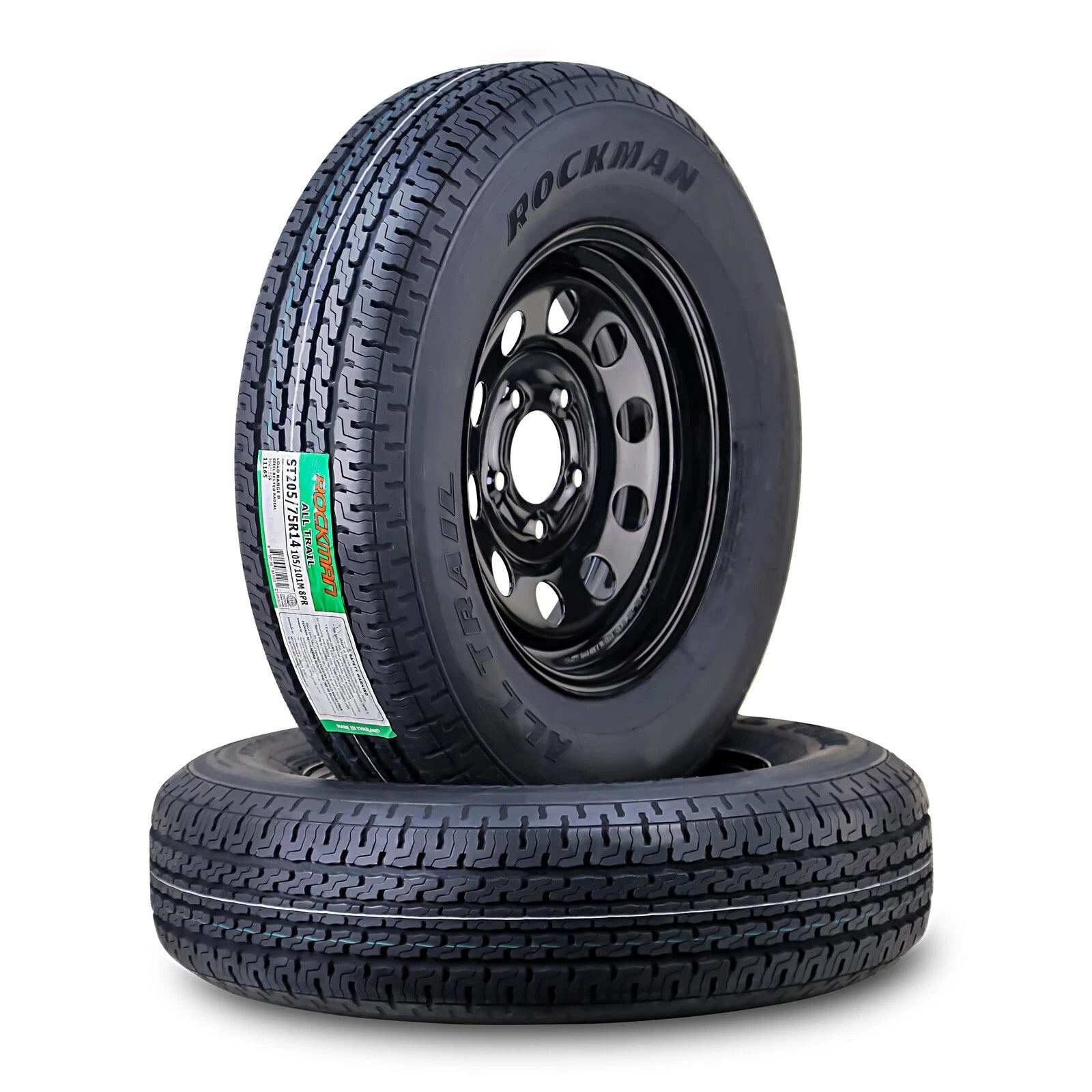 2 Trailer Tire Rims ST205/75R14 8-Ply D 105M 5 Lug on 4.5" Black Mod Rim