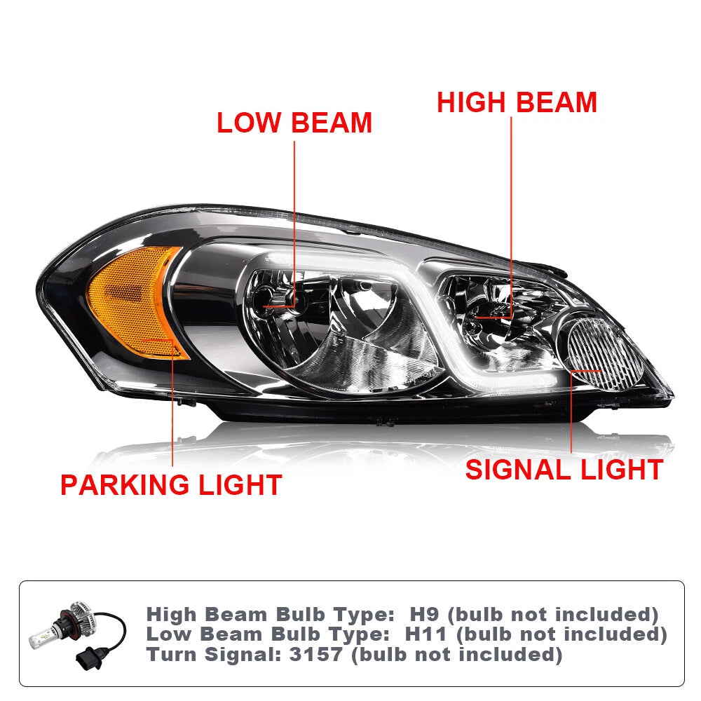 Clear Chrome LED DRL Headlights for Chevy Impala/Monte Carlo (2006–2013)