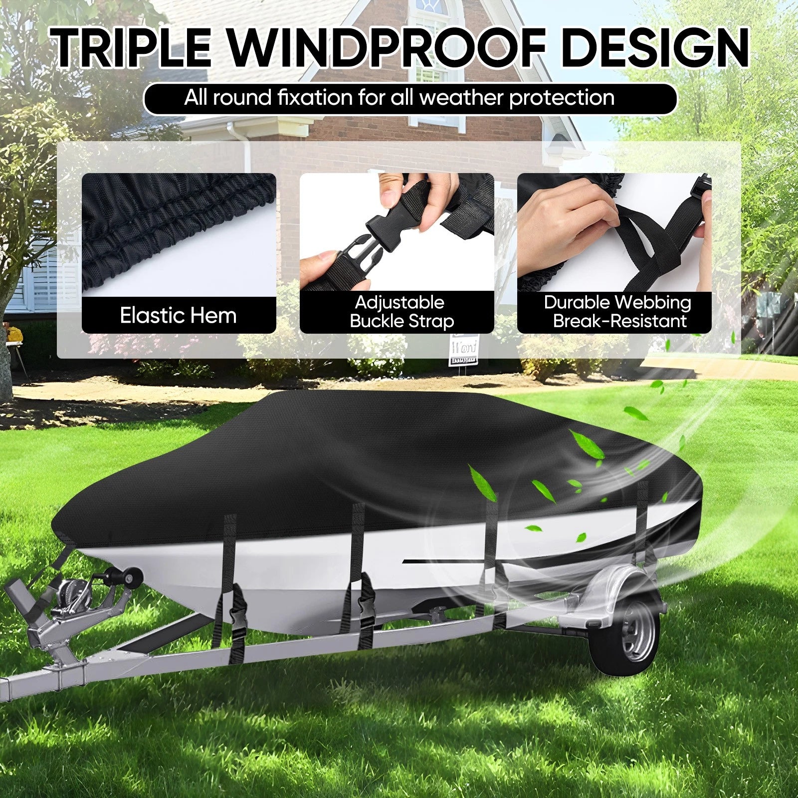 210D Heavy Duty Waterproof Boat Cover for V-Hull 17FT-19FT (Trailerable)