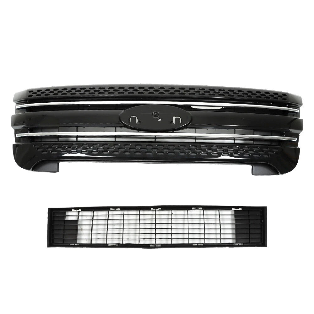 2X Front Upper Grille + Bumper Grille Glossy Black for Ford Explorer (2011–2015)