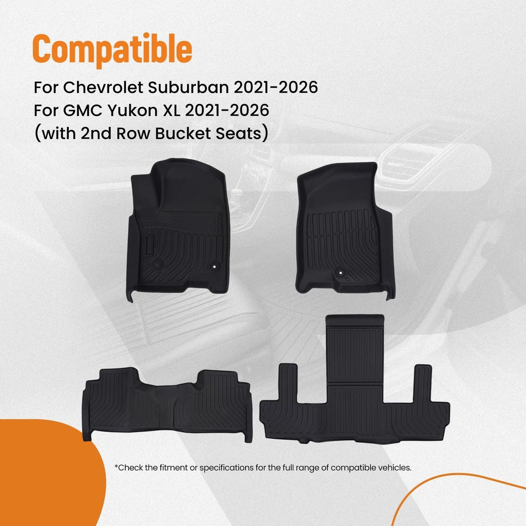 Black TPE Rubber Floor Mats for Chevrolet Suburban Yukon XL (2021–2025)