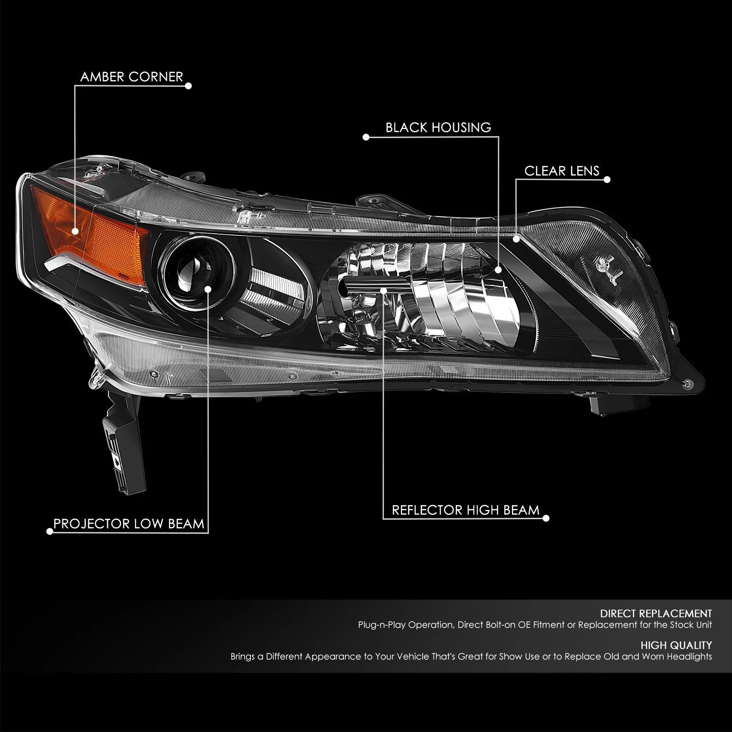 Passenger Side Projector Headlight for Acura TL (2012–2014) - Black Housing