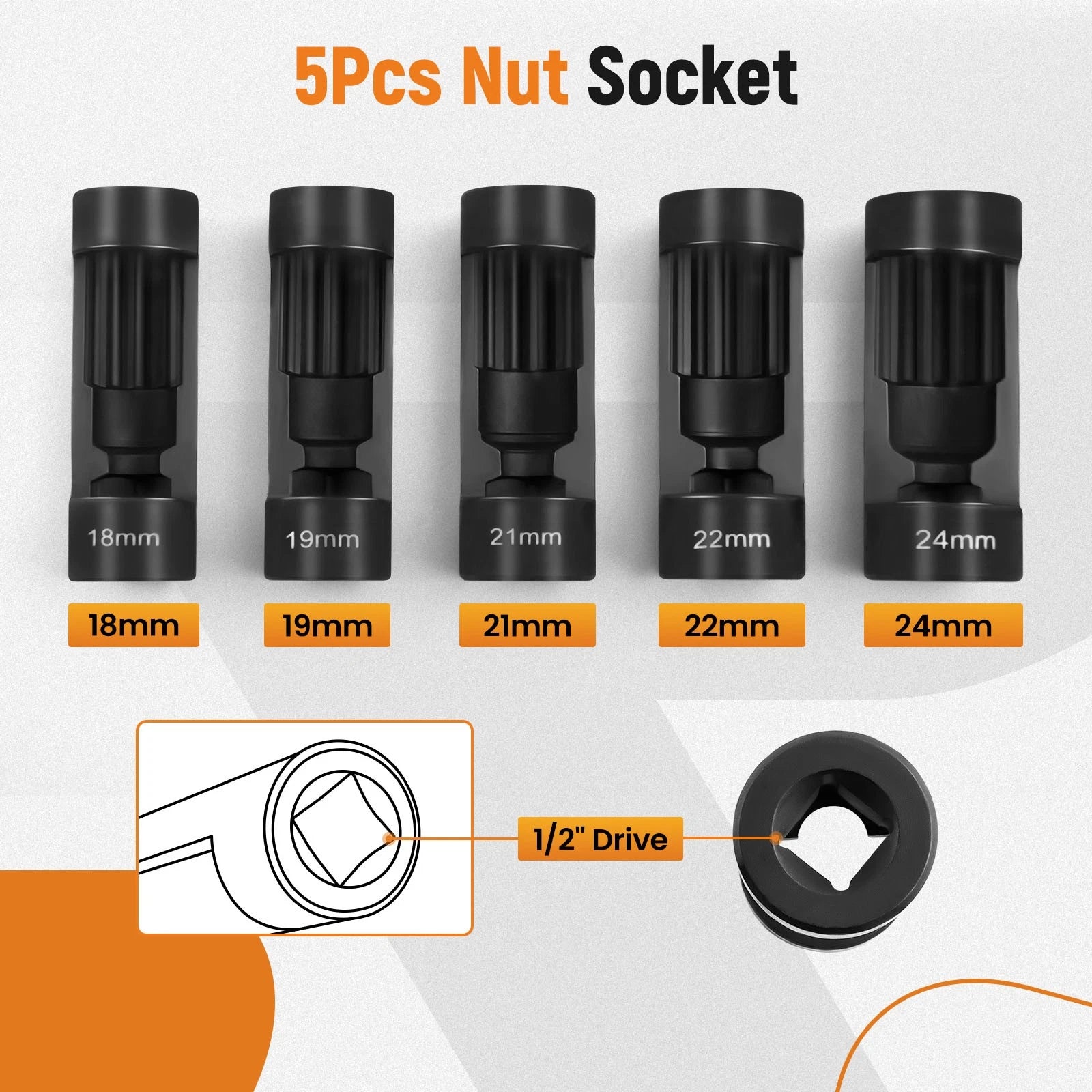 Set of 5 Strut Nut Sockets 18mm 19mm 21mm 22mm 24mm 12 Point 1/2" Drive