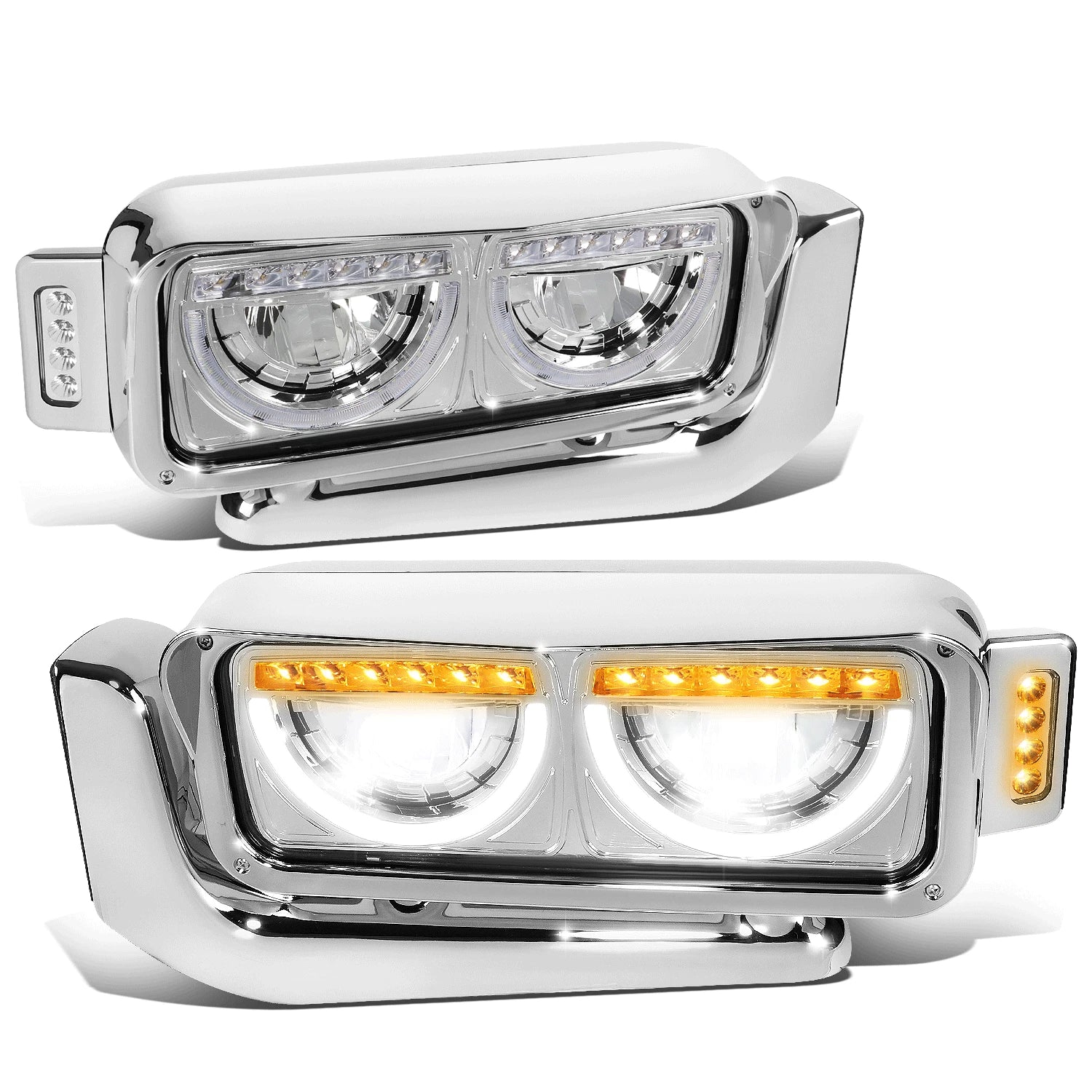 LED Halo Ring DRL Side Signal Headlights Chrome for Peterbilt 359 379 389 (1981–2021)
