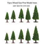 15Pcs Mixed Size Pine Trees for Train Railroad Diorama Scenery