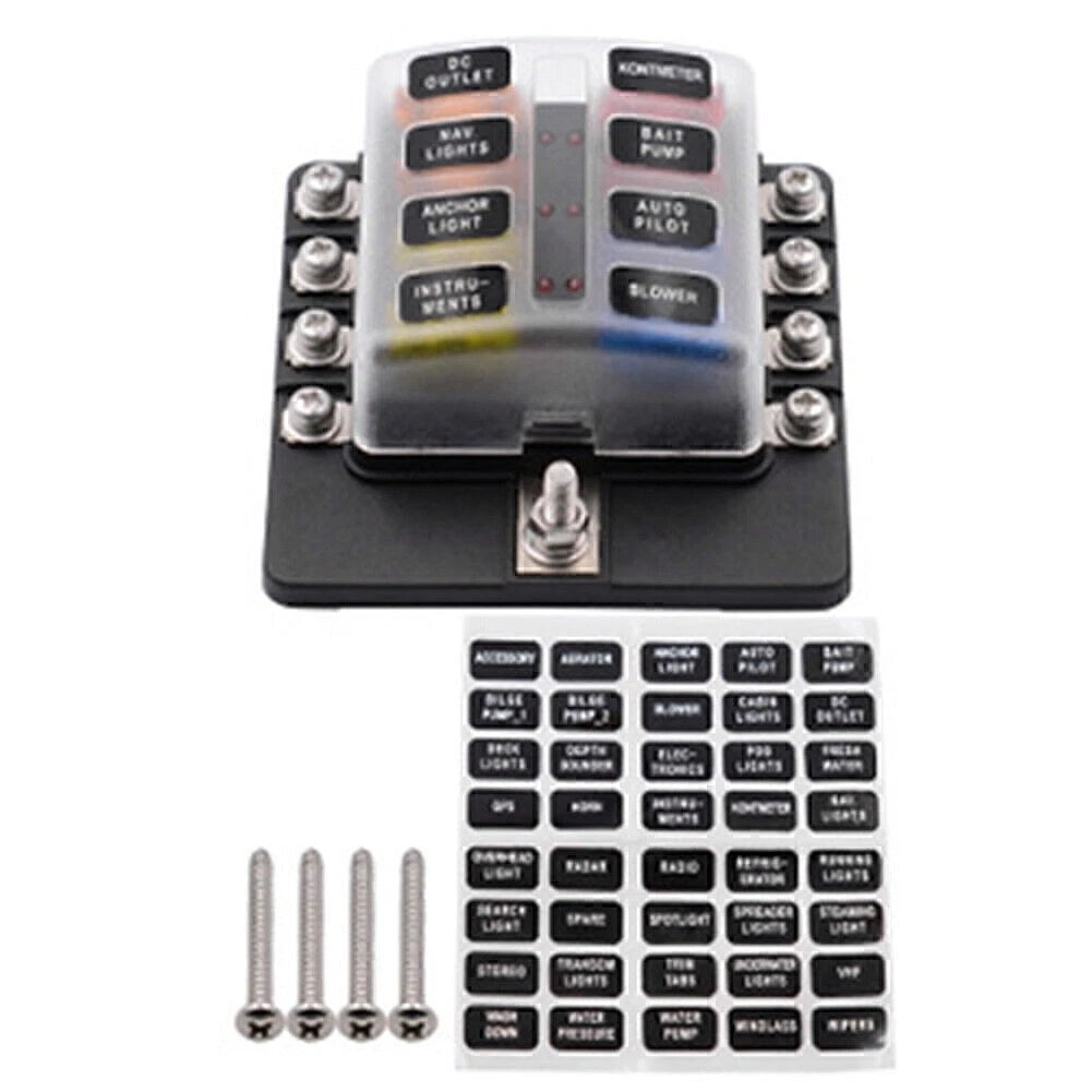 10-Way Blade Fuse Holder Box with LED Indicator for Marine Applications (12V)