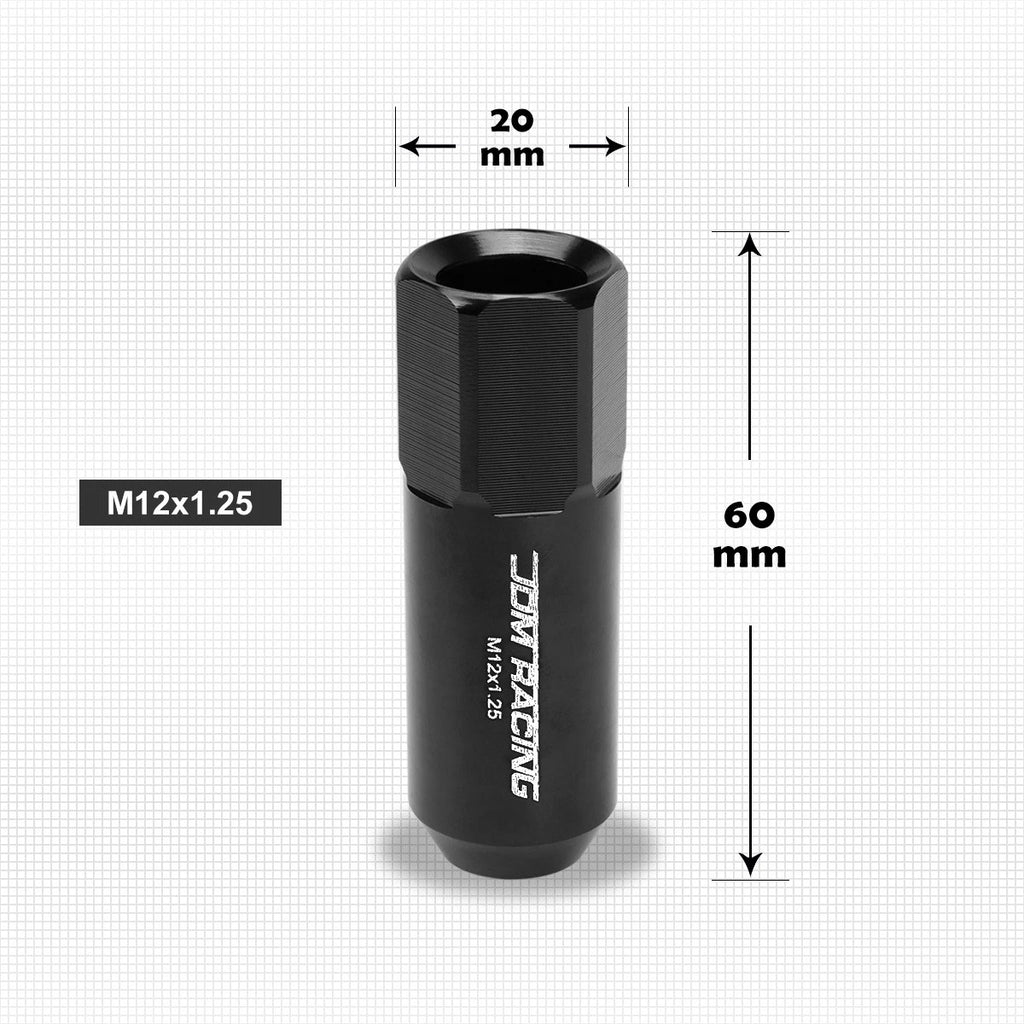 20Pc M12X1.25 Black JDM Open End Aluminum Hex Lug Nuts + Spline Lock Key