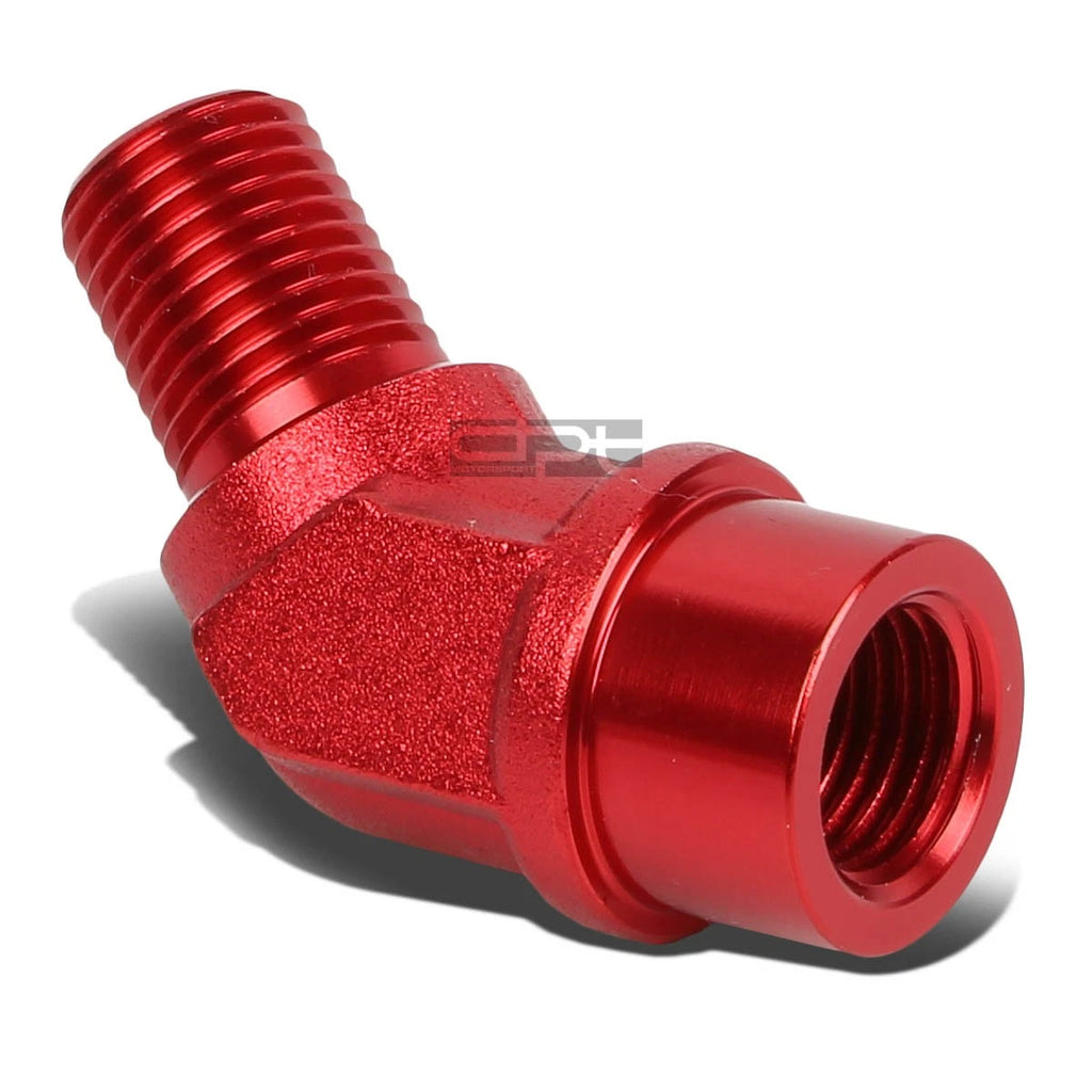 1/4" NPT Male 45 Degree to 1/4" Female Hose Fitting - Red Aluminum Finish