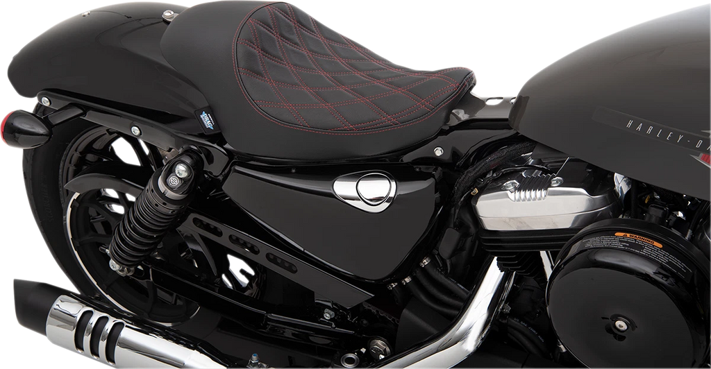 Solo Seat for Harley Sportster (3/4, Double Diamond, Black w/ Red Stitching)