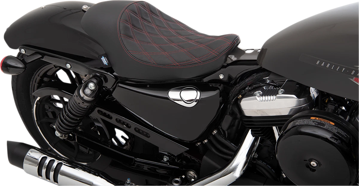 Solo Seat for Harley Sportster (3/4, Double Diamond, Black w/ Red Stitching)
