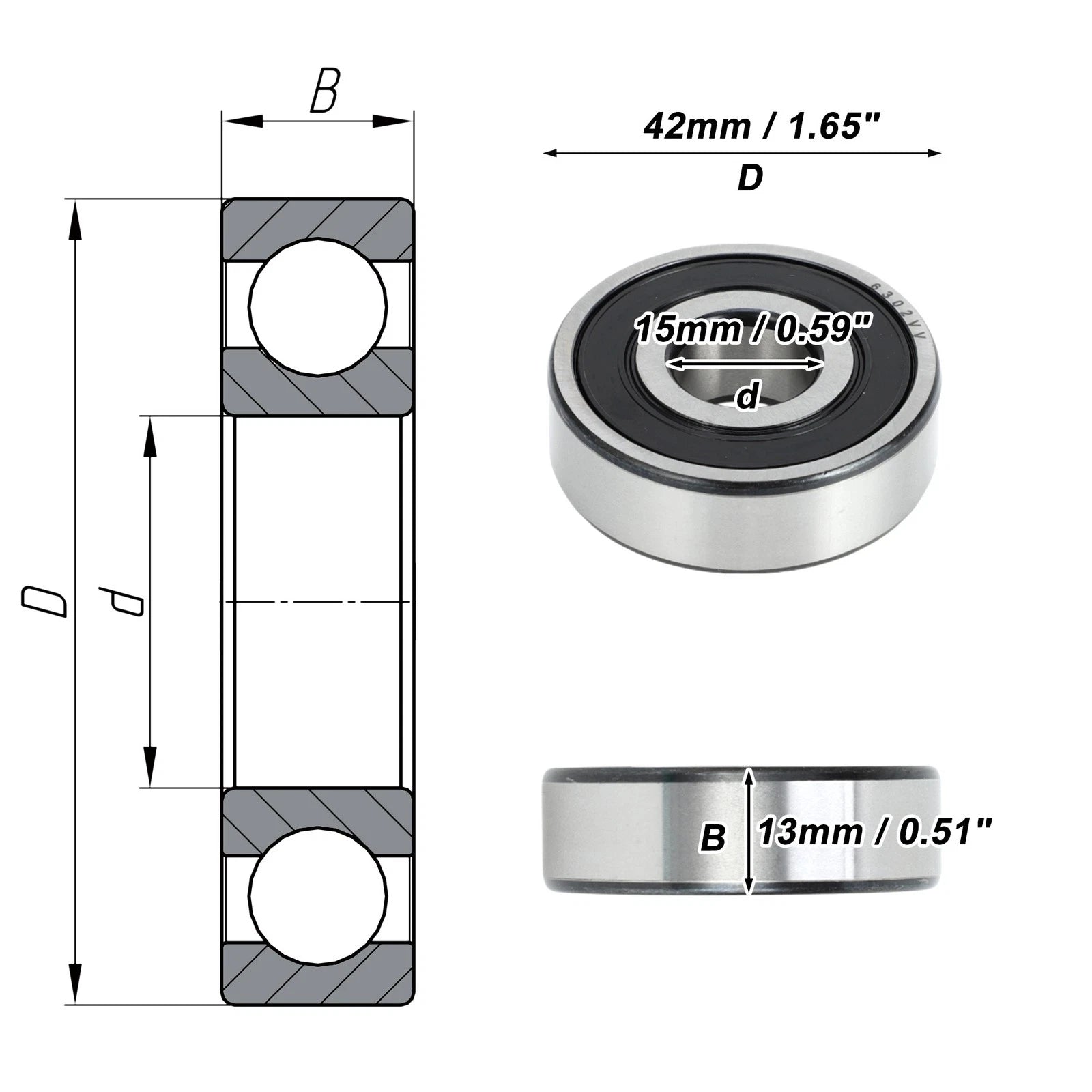 6302VV Deep Groove Ball Bearing for Scooter Skateboard Wheel (15x42x13mm)