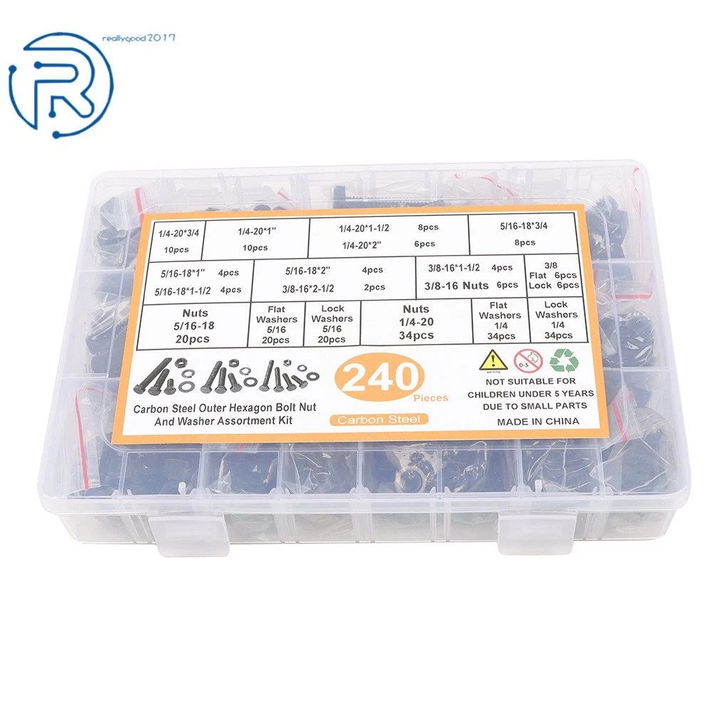 Set of 240 Hex Head Cap Bolts and Nuts Combination Kit Carbon Steel