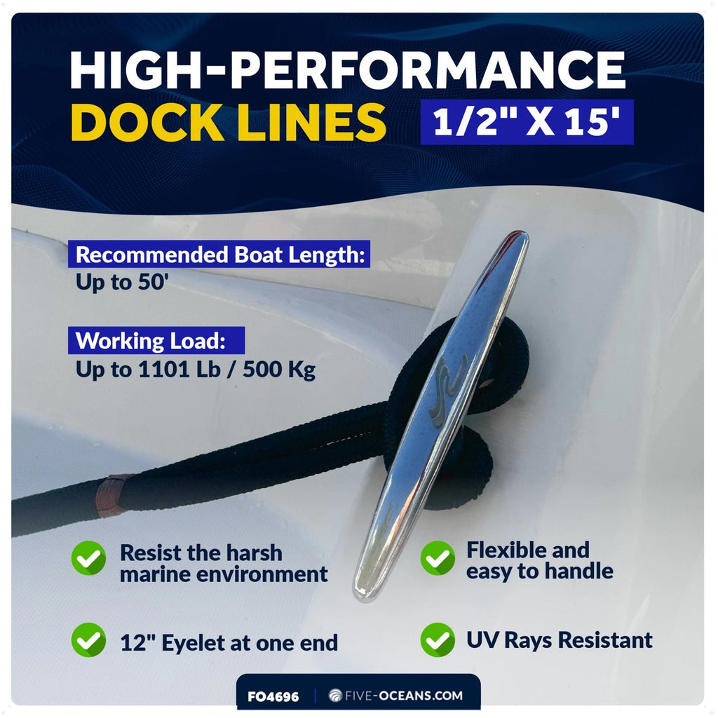 Set of 4 Dock Lines 1/2"x15' with 12" Eyelet - Navy Blue Nylon