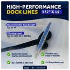 Set of 4 Dock Lines 1/2"x15' with 12" Eyelet - Navy Blue Nylon