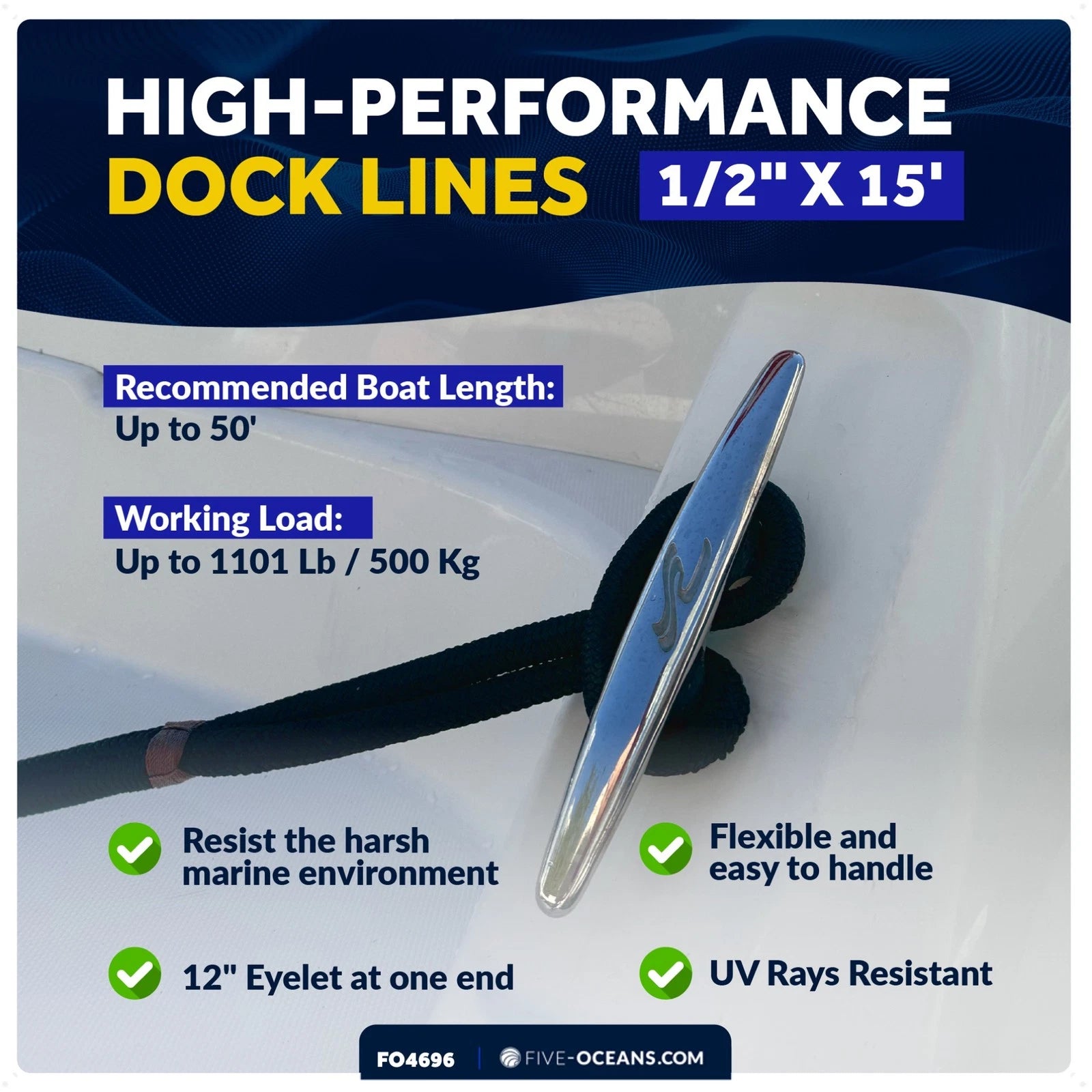 Set of 4 Dock Lines 1/2"x15' with 12" Eyelet - Navy Blue Nylon