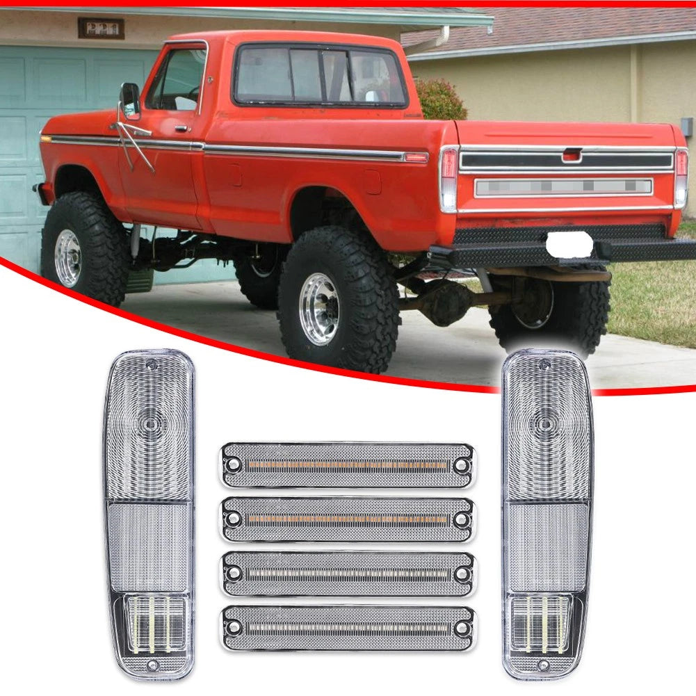 Set of 6 Clear LED Tail Lights & Side Marker Lamps for Ford F150 F250 E150 (1973–1979)