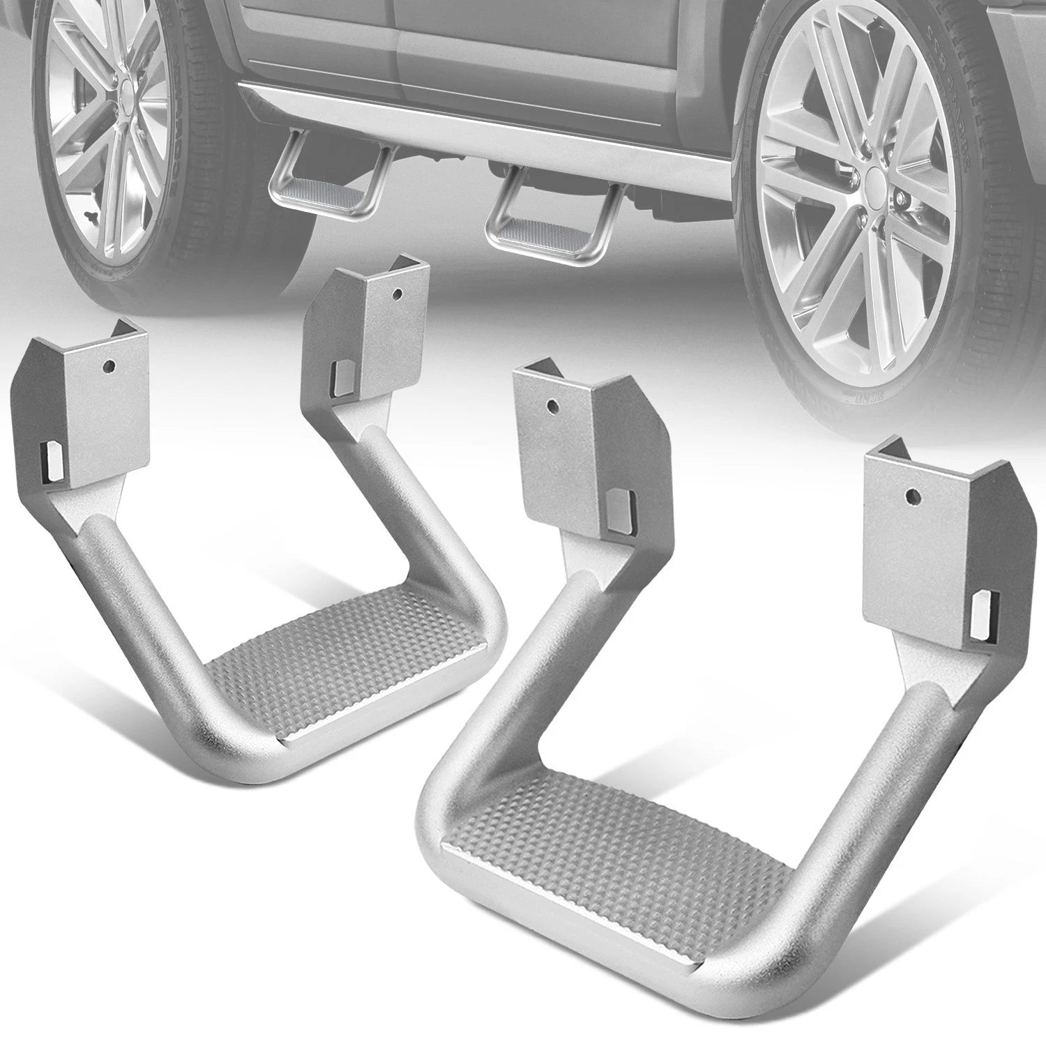 2X Silver Powder-Coated Cast Aluminum Side Steps for Ford Chevy GMC Dodge