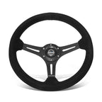 350mm 2.5" NRG 3-Spoke Black Suede Leather Steering Wheel w/6 Bolts for Universal