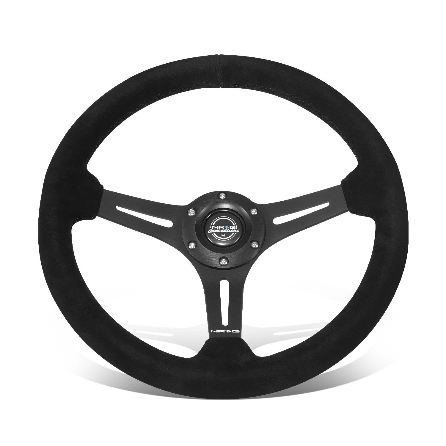 350mm 2.5" NRG 3-Spoke Black Suede Leather Steering Wheel w/6 Bolts for Universal
