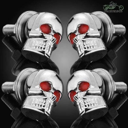 Set of 4 Skull Head License Plate Screws with Red Eyes Chrome
