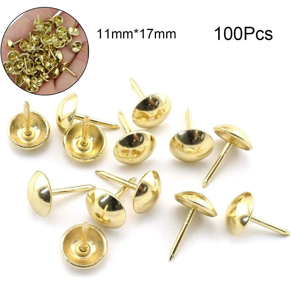 100Pcs Decorative Upholstery Nails Pins Sofa Tacks Studs Gold 11x17mm