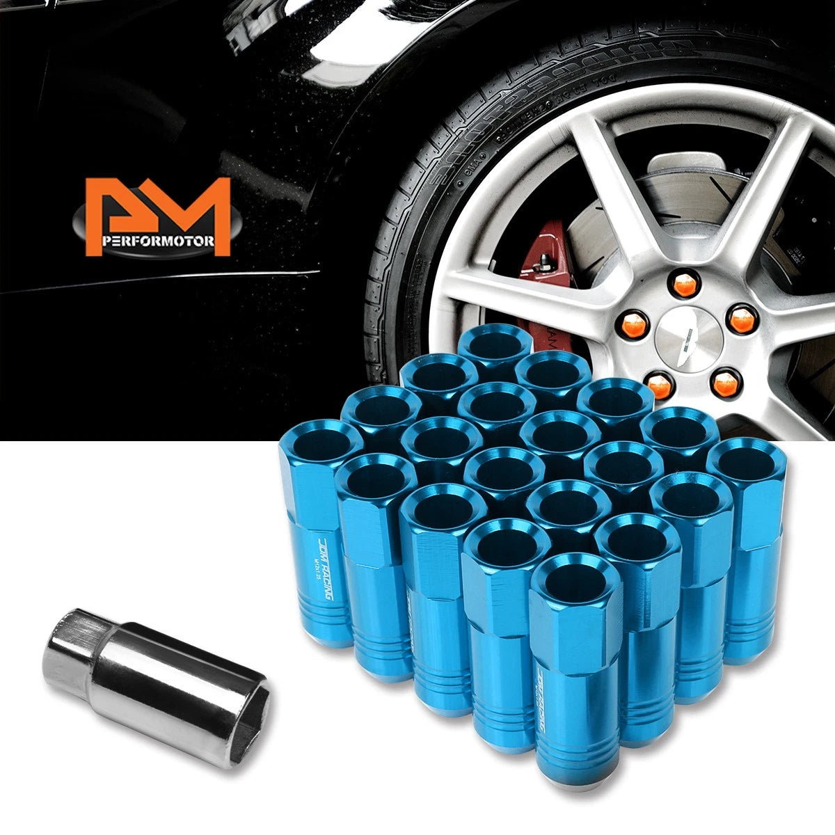 20Pc M12X1.25 Sky Blue JDM Open End Conical Wheel Lug Nuts + Extension 20mm
