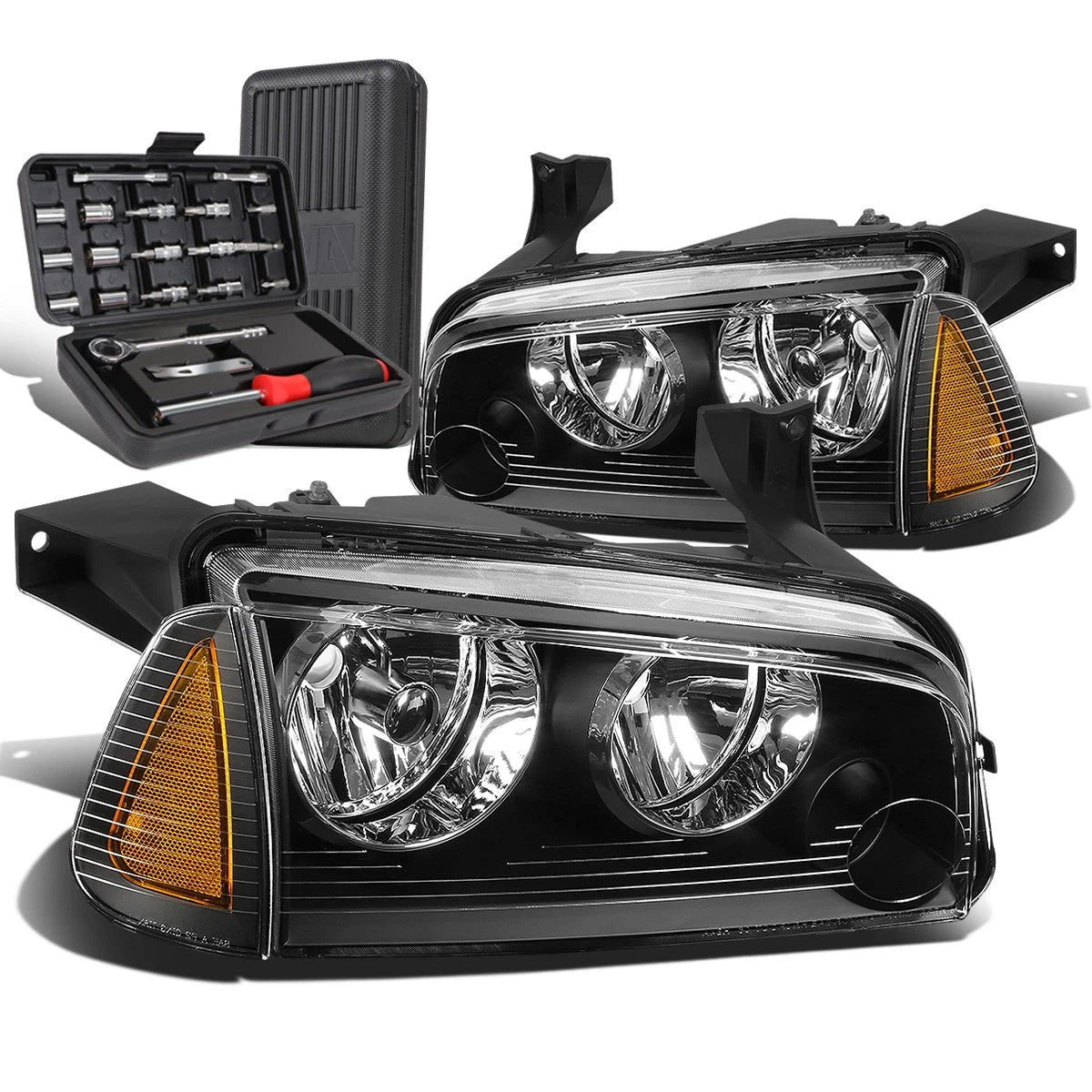 Set of 2 Black/Amber Signal Turn Signal Headlights for Dodge Charger (2006–2010)