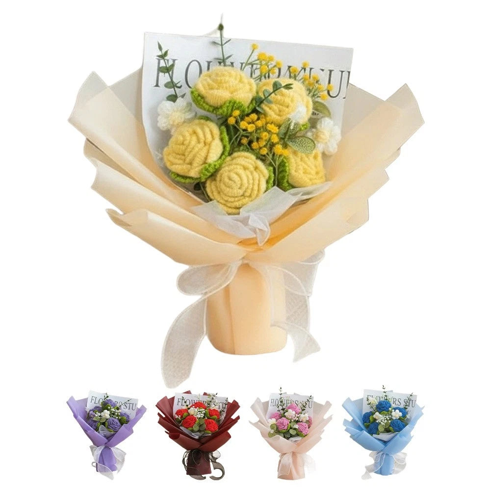 2X Handcrafted Rose Crochet Bouquet Decorative Flower Bundle