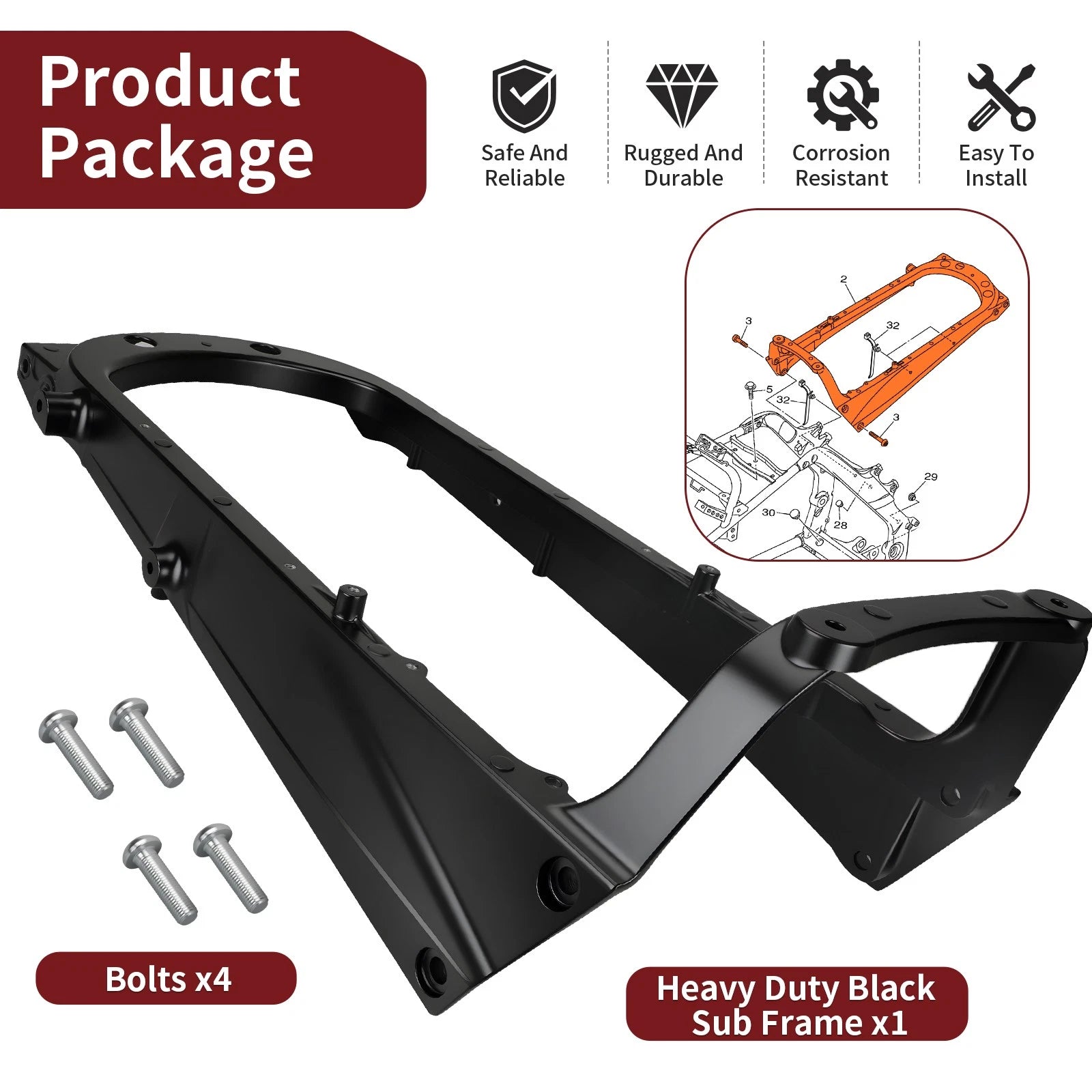 Black Sub Frame Aluminum & Bolt for Yamaha Raptor 700 700R (2006–2024) 2LS-F1190-68-00