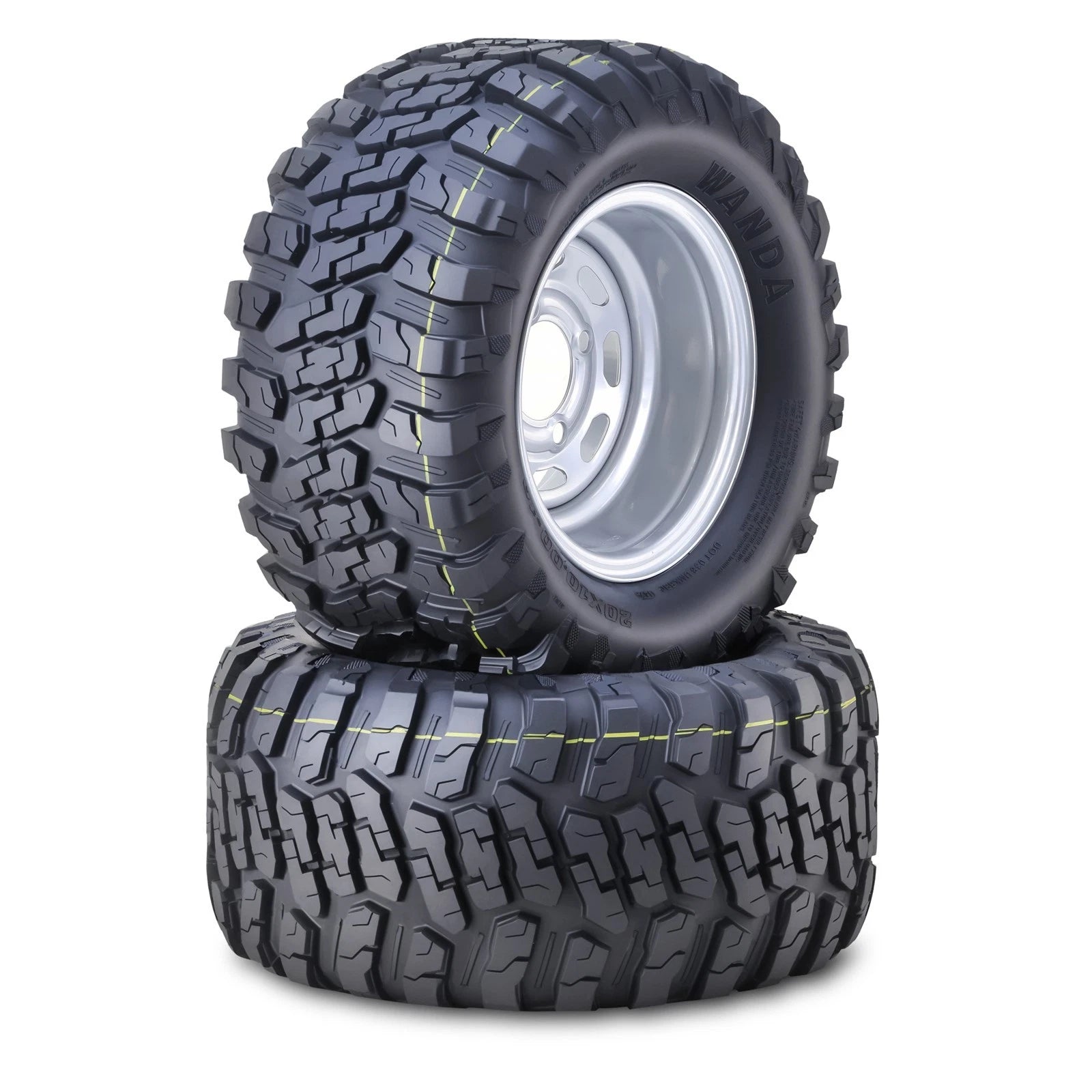 2 Wanda AT Golf Cart Tires & Wheels 20X10-10 4x4" PCD ET-15.5 Silver Wheel