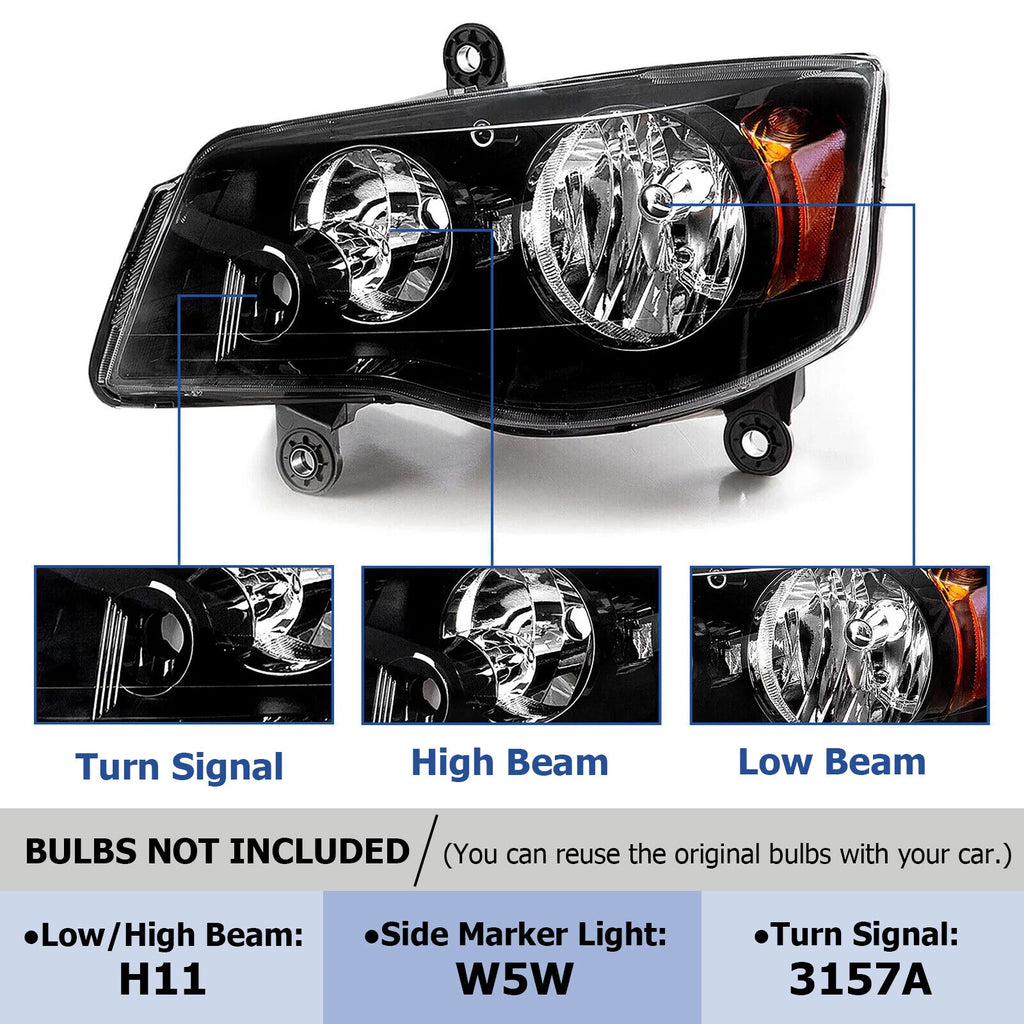 Headlights for Dodge Grand Caravan (2011–2019) & Chrysler Town & Country (2008–2016)