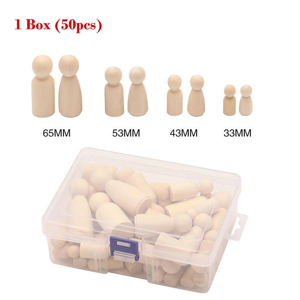 50 Pcs Unpainted Wooden Peg Dolls for Kids DIY Crafts (33-65mm)