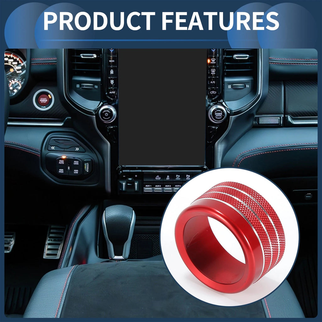 2X Center Console Audio Media Switch Knob Cover for Dodge Ram (2019–2021) Red