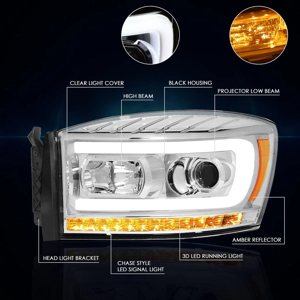 LED DRL Chasing Signal Projector Headlight for Dodge Ram (2006–2009)