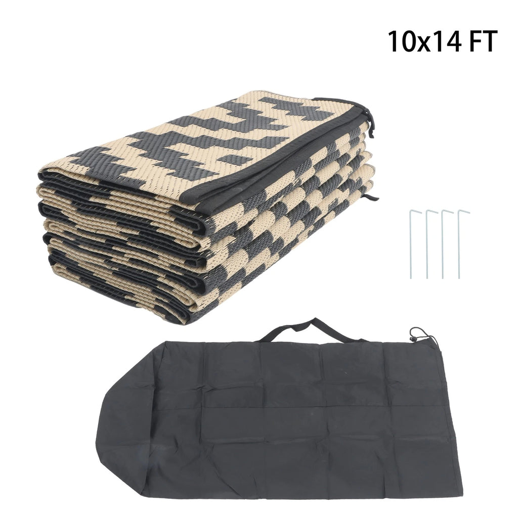 Outdoor Plastic Straw Rug for Camping (10x14 ft) Black & Beige