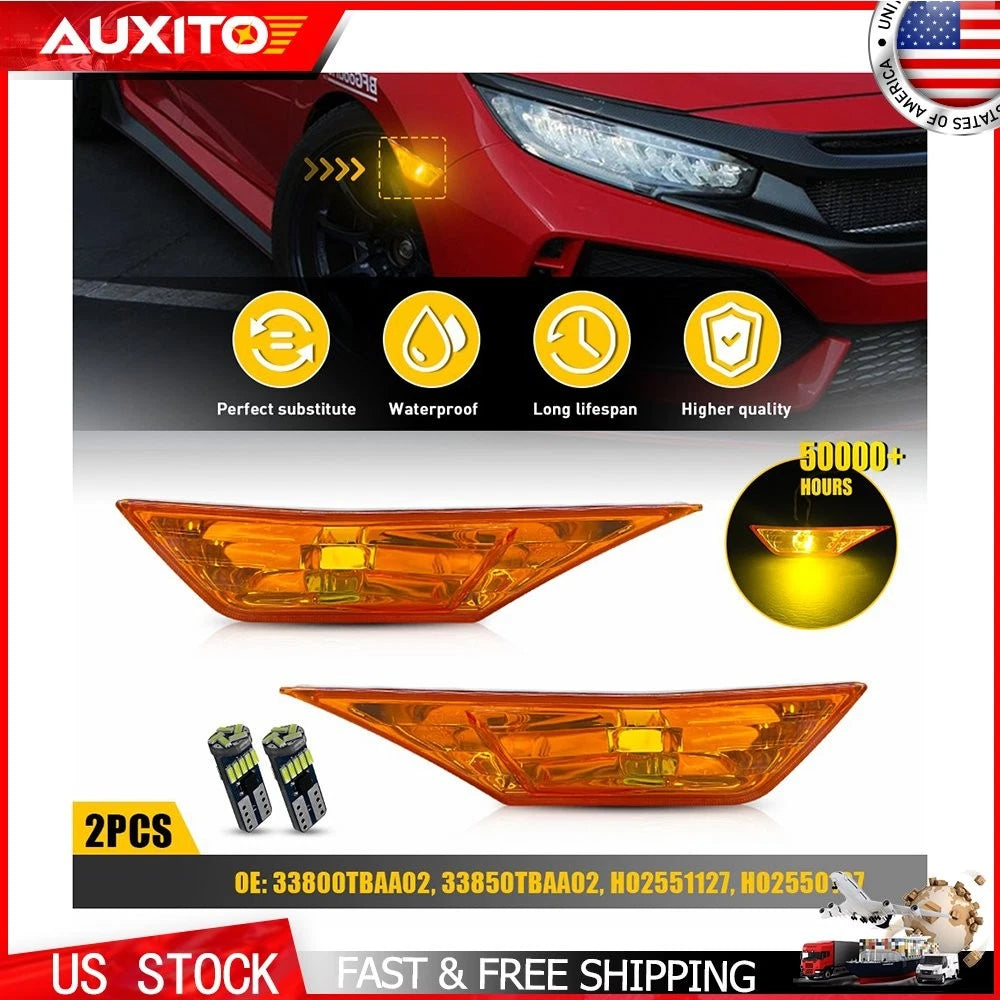 Set of 2 Orange Front Fender Side Marker Light Lens RH LH for Honda Civic (2016–2018)