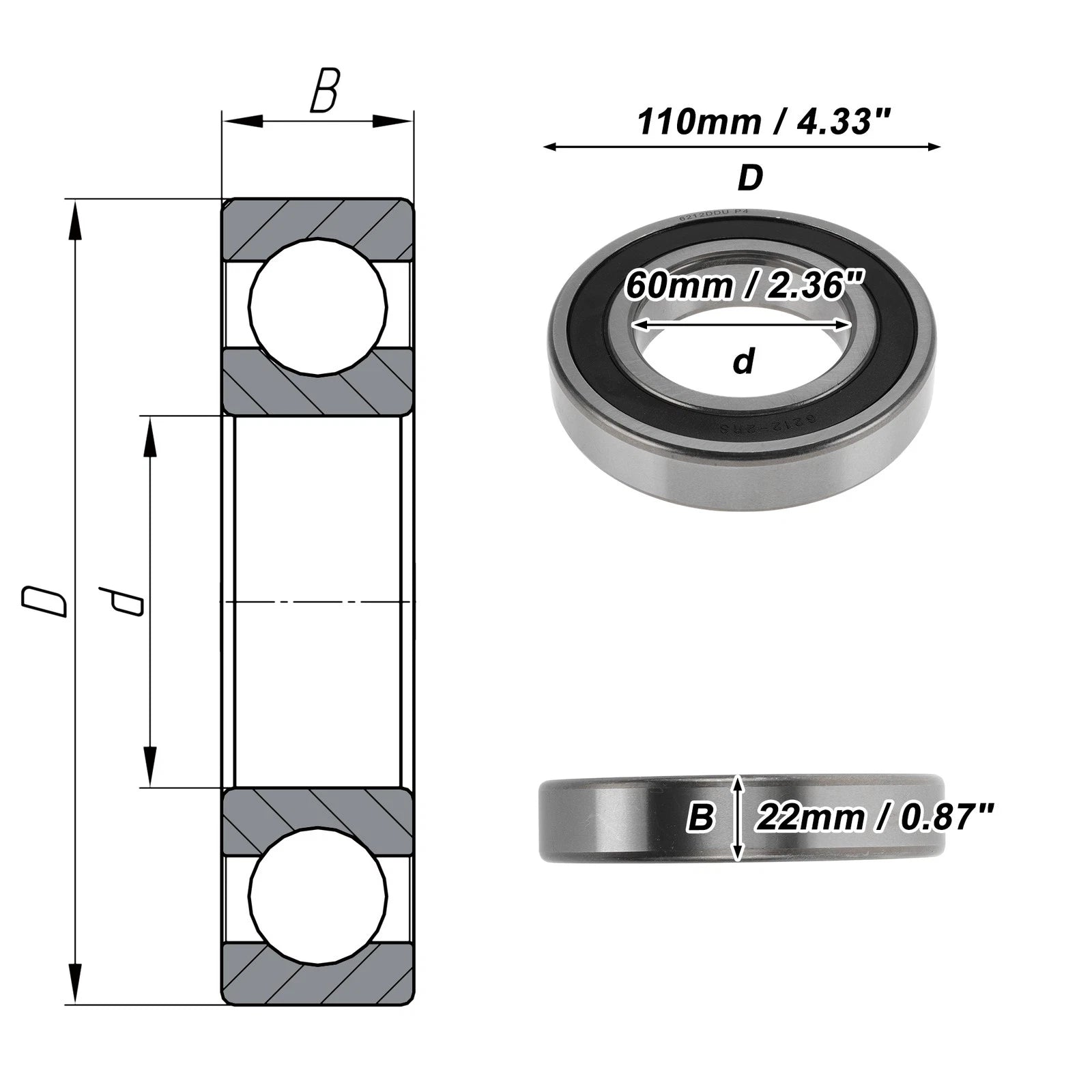Deep Groove Ball Bearing 6212DDU for Various Models (60x110x22mm)