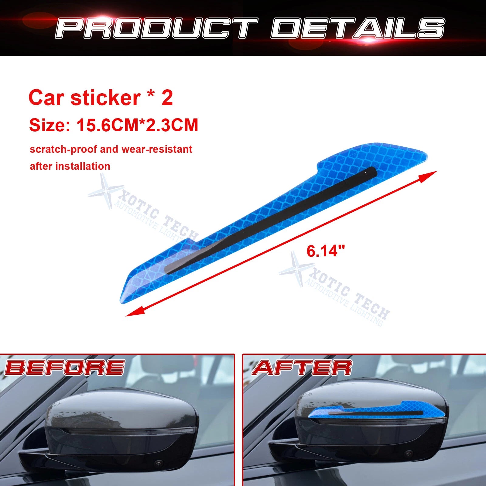 2PC Blue Reflective Night Warning Rearview Mirror Decals Kit for Cars (Universal) (2024-2026)