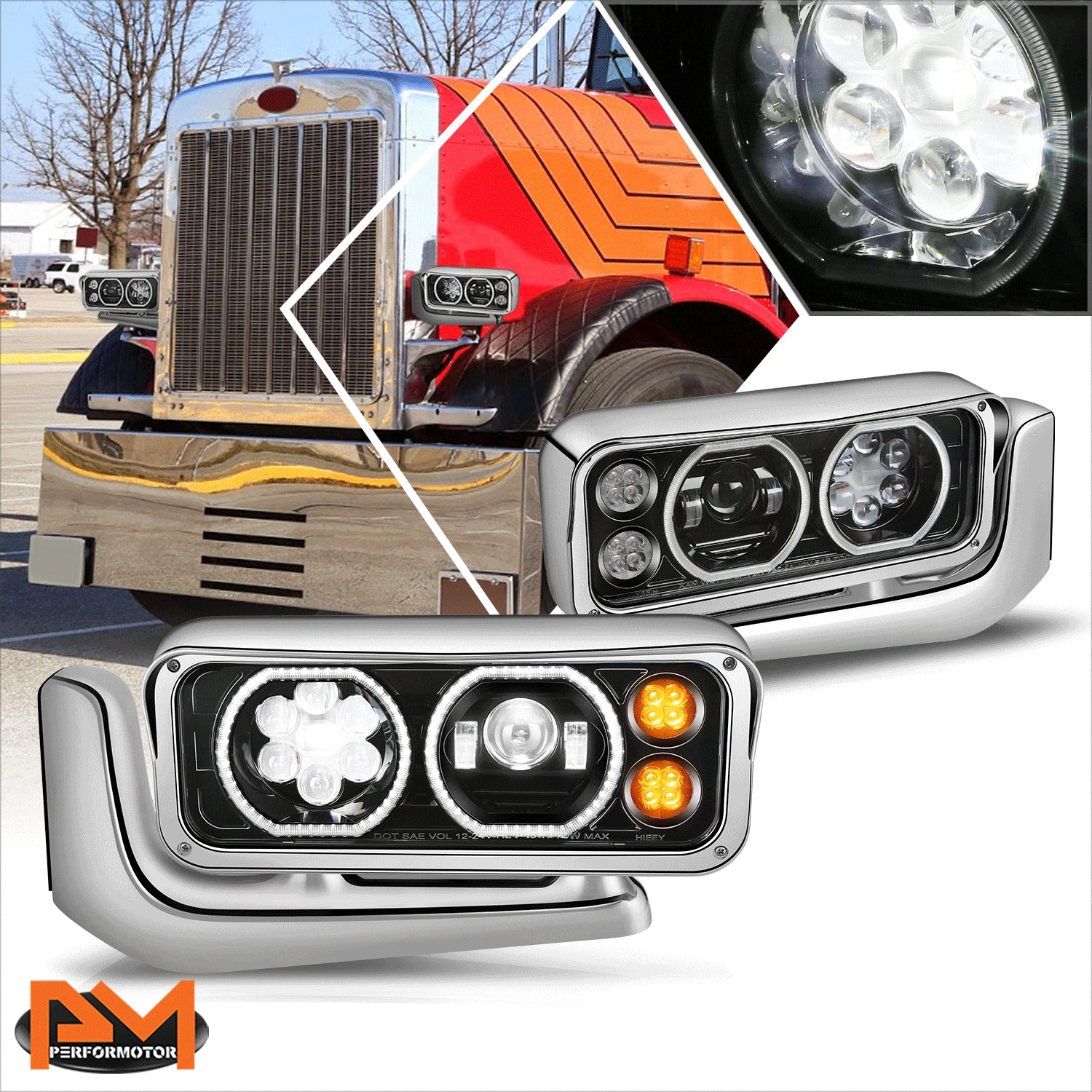 Full LED Halo Ring Projector Headlights for Peterbilt 359 379 389 (1981–2021)