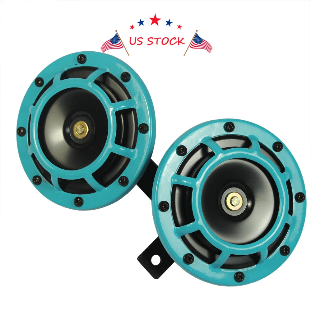 Set of 2 Blue 12V Loud Blast Tone Electric Car Horns for Universal Fit