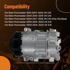 Air Conditioning Compressor for Ram ProMaster (2014–2022) V6 3.6L 198396 w/Clutch