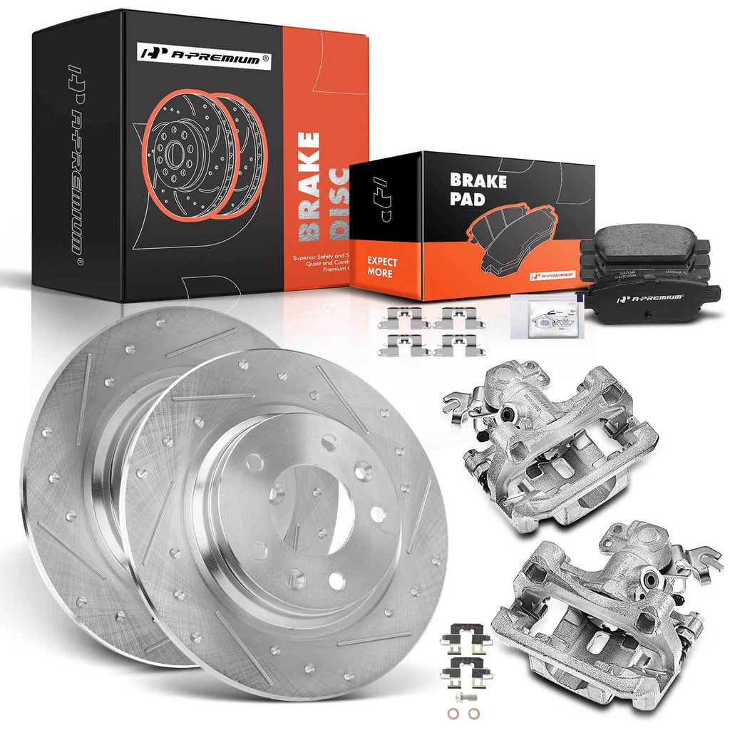 Set of 8 Rear Drilled Brake Rotors, Pads & Calipers for Ford Fusion, Mazda 6