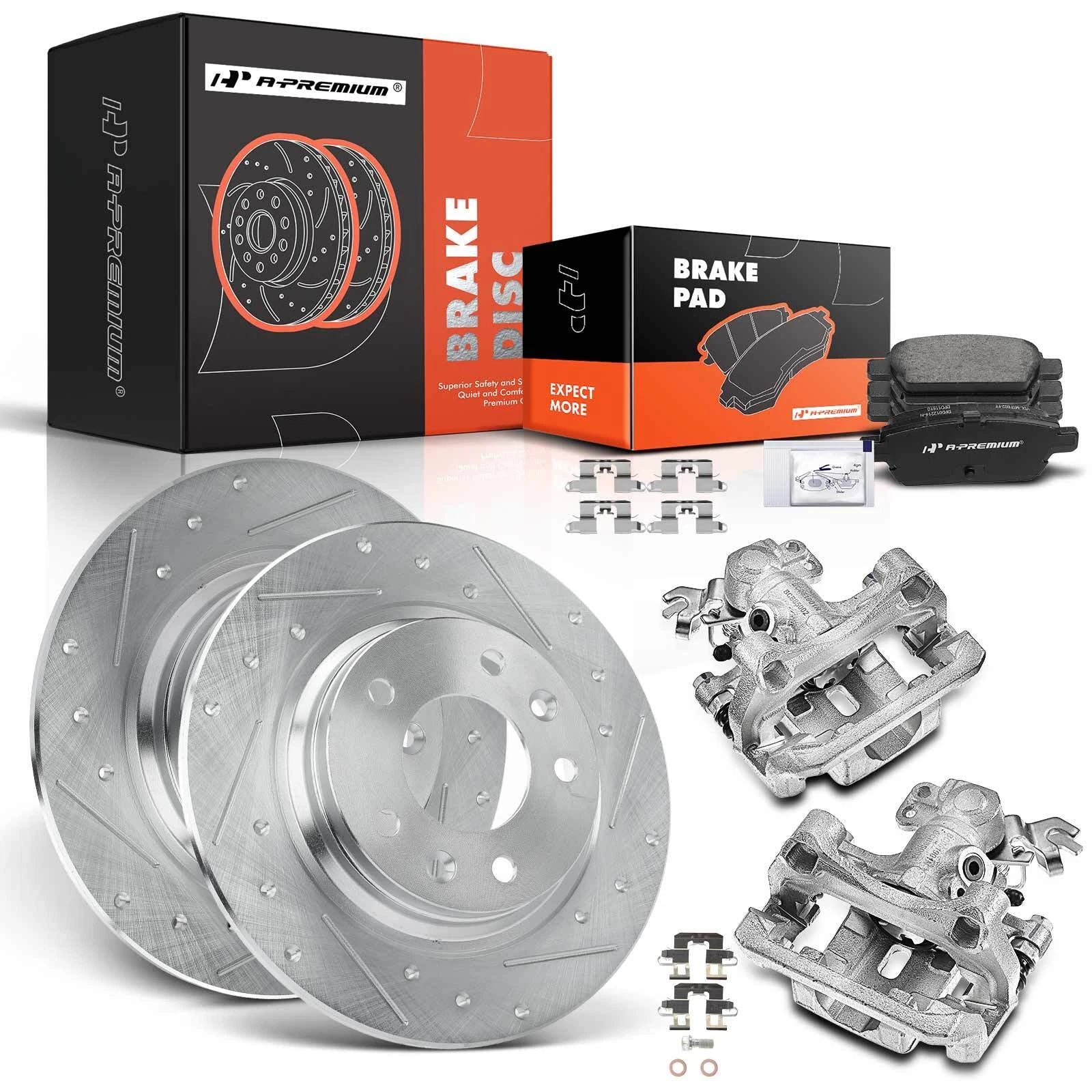 Set of 8 Rear Drilled Brake Rotors, Pads & Calipers for Ford Fusion, Mazda 6