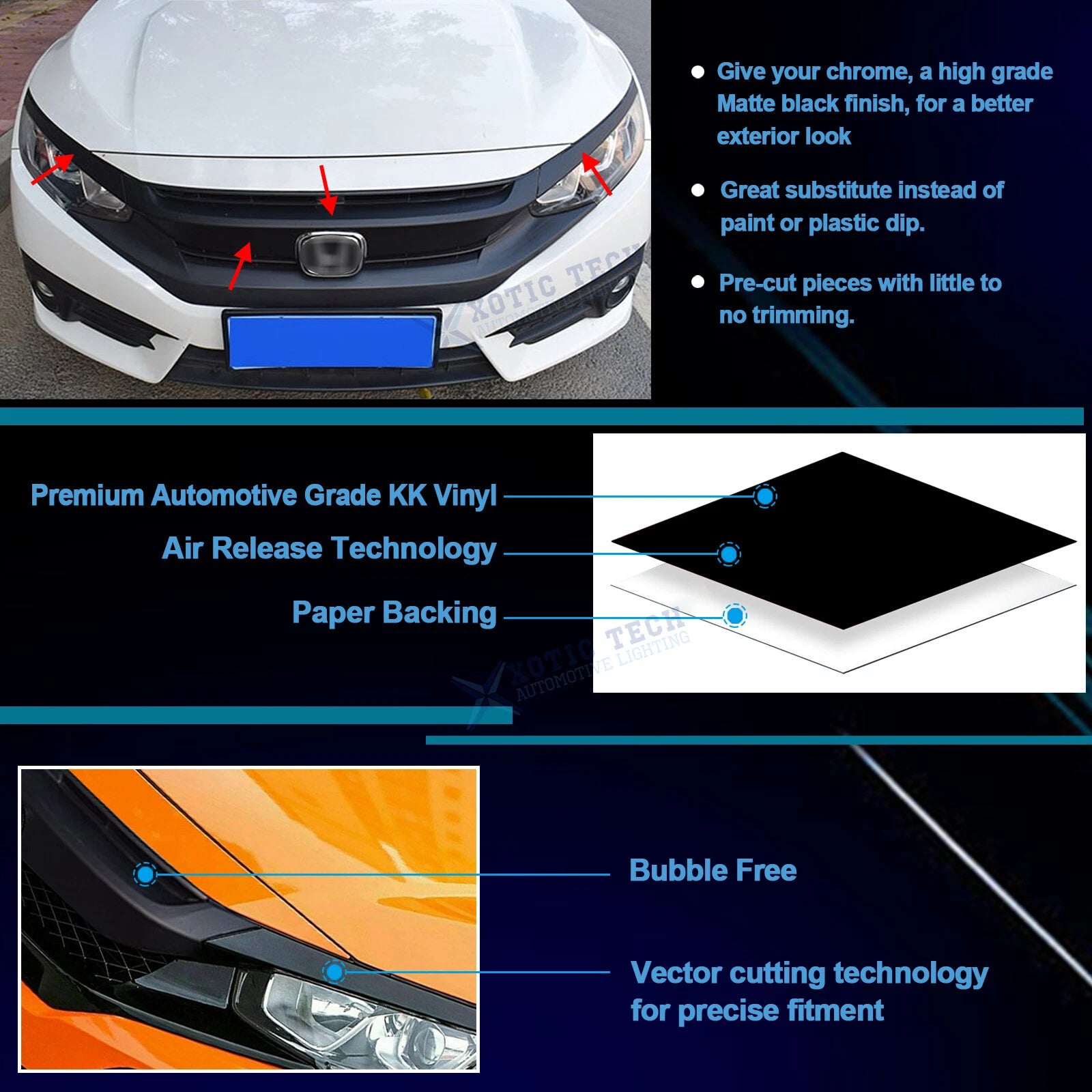 Glossy Black KK Vinyl Front Grille Chrome Delete for Honda Civic (2016-2021)