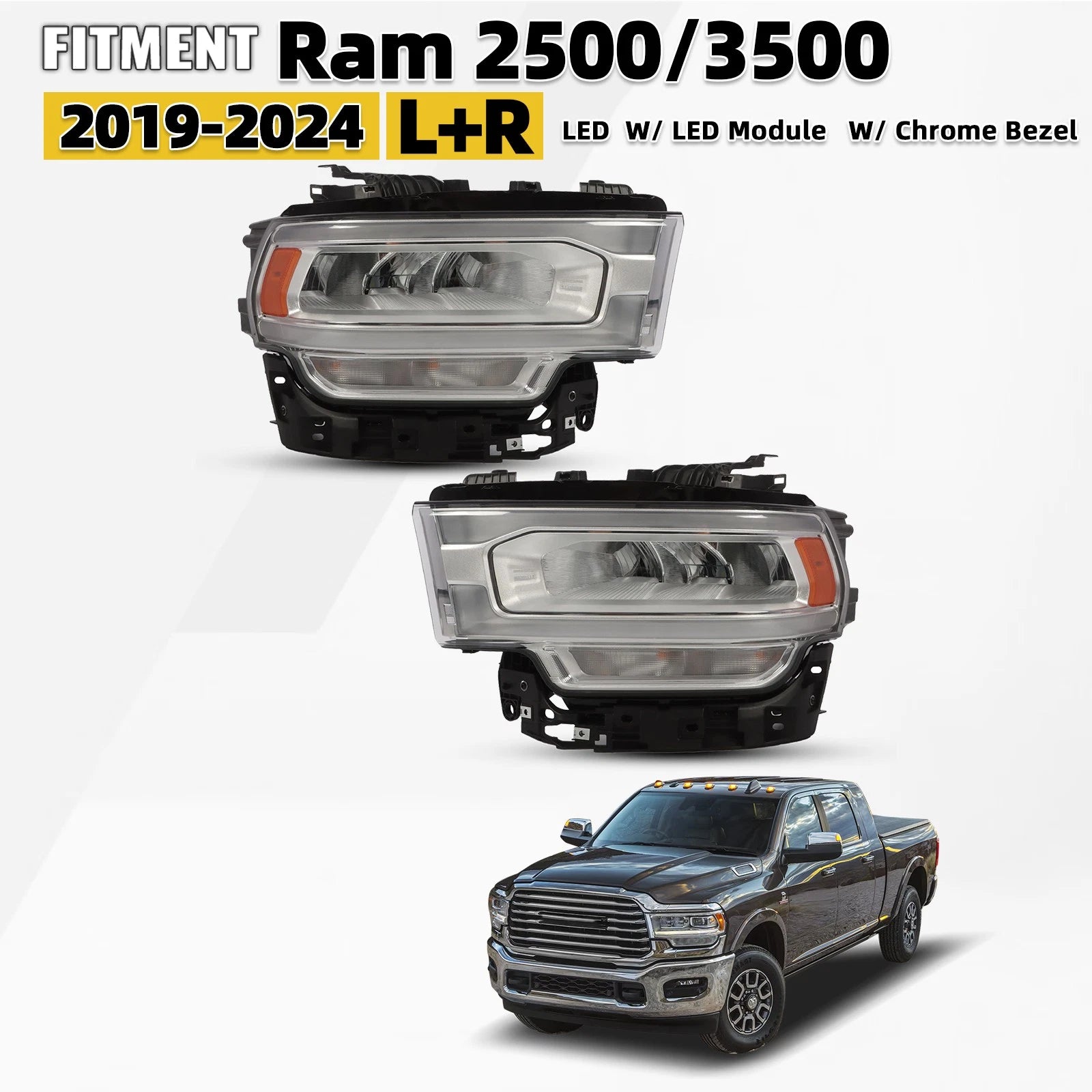 Full LED Headlights with Reflector Chrome for Ram 2500 3500 (2019–2024)