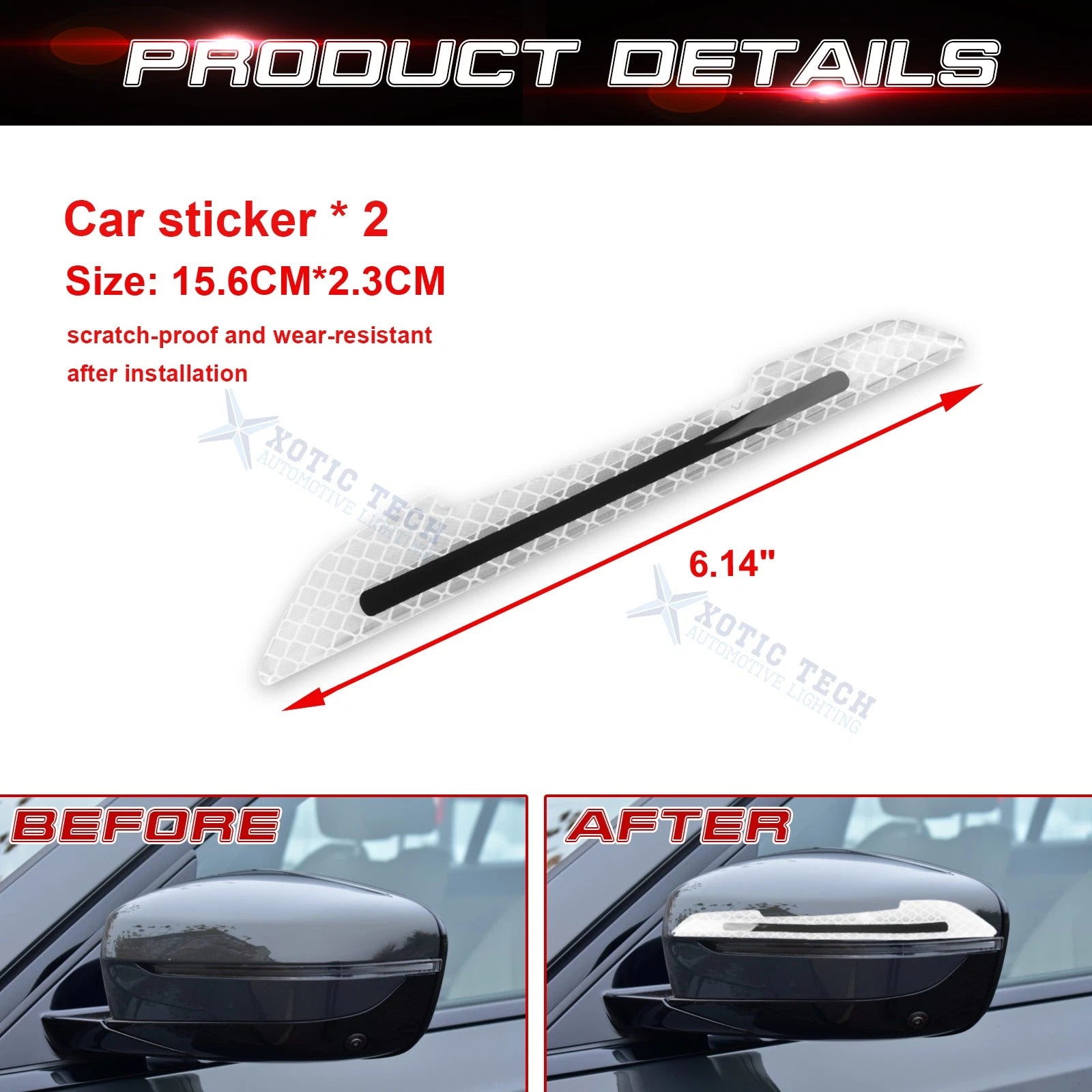 6.1" White Reflective Glow Warning Rearview Mirror Stickers for Cars (Universal)